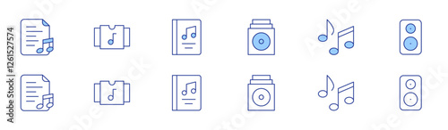 Music icon set in two styles, Duotone and Thin Line style. Editable stroke. lyric, music album, musical note, speaker, music, music book