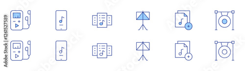 Music icon set in two styles, Duotone and Thin Line style. Editable stroke. mp player, music app, music files, music stand, add, gong