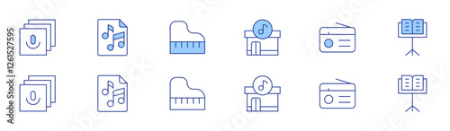 Music icon set in two styles, Duotone and Thin Line style. Editable stroke. music store, radio, library, music stand, score, grand piano
