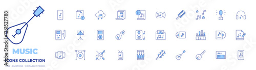 Music icons collection. Line Duotone style, editable stroke. drum, mandolin, banjo, sleigh bell, listen, mp player, music app, music files, violin, speaker, music folder, music award, music player.