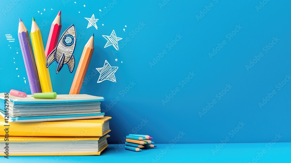 Fototapeta premium Colorful pencils and books with a rocket illustration on a blue background, symbolizing creativity