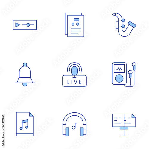 Music icons set. Line Duotone style, editable stroke. bell, music, live, headphones, music file, music sheet, music player, saxophone