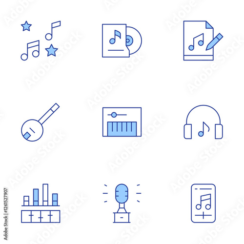 Music icons set. Line Duotone style, editable stroke. banjo, listen, music files, music award, music player, equalizer, music album, musical notes, music