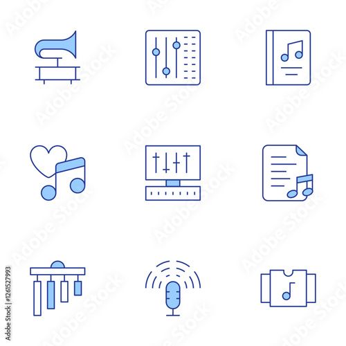 Music icons set. Line Duotone style, editable stroke. love song, lyric, mix, chime, music, music book, gramophone, mastering