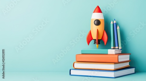 Colorful rocket toy atop a stack of books with pencils, symbolizing creativity and learning