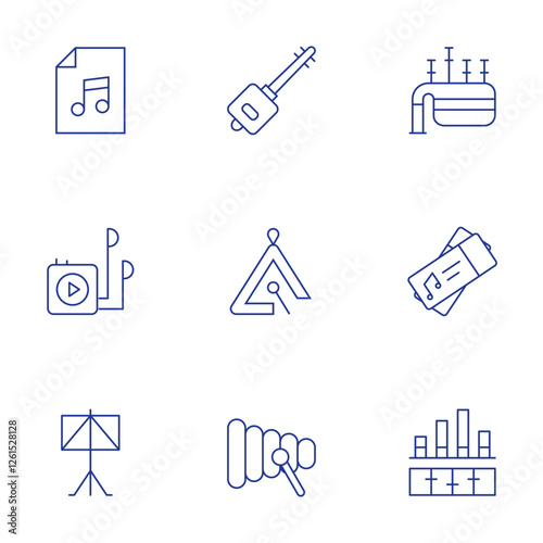 Music icons set. Thin Line style, editable stroke. bagpipe, concert, equalizer, music file, music player, music stand, shamisen, triangle, xylophone