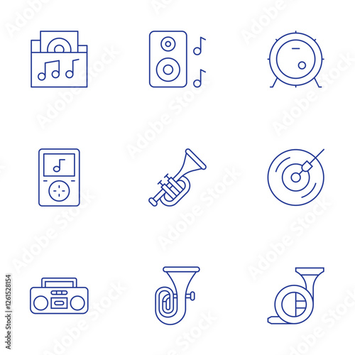 Music icons set. Thin Line style, editable stroke. bass drum, dj music, french horn, music folder, music player, music tape, speaker, trumpet, tuba