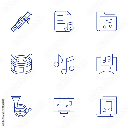 Music icons set. Thin Line style, editable stroke. bassoon, drum, french horn, lyric, music, music folder, music player, musical composition
