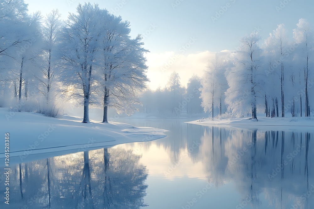 Serene winter landscape with frosted trees reflecting on a calm river at dawn Serene winter landscape with frosted trees reflecting on a calm river at dawn