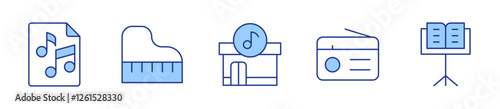 music store, radio, music stand, score, grand piano. Music Icon vector illustration. Line Duotone style. Editable stroke