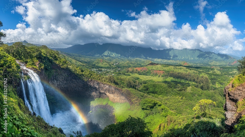 Fototapeta premium Waterfall Rainbow Lush Valley Landscape Panorama