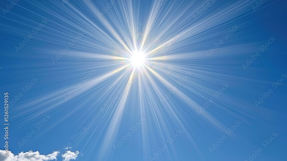 Bright sun radiating beams of light against a clear blue sky with soft clouds in the background Bright sun radiating beams of light against a clear blue sky with soft clouds in the background