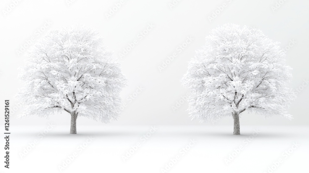Fototapeta premium Two snow-covered trees, winter landscape, minimalist background, perfect for winter themed designs