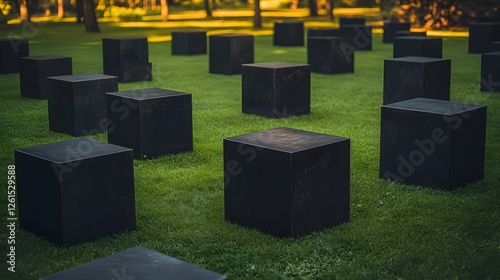 Field of black cubes and lifesize blocks scattered in a grassy park landscape photo