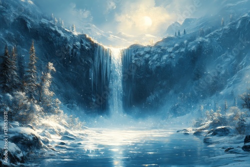 Frozen Cascade: Majestic Waterfall in the Heart of Frigid Landscape, Winter Wonderland Beauty Captured in Ice and Snow