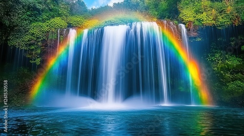 Rainbow over lush waterfall, tranquil pool, rainforest background; nature scene