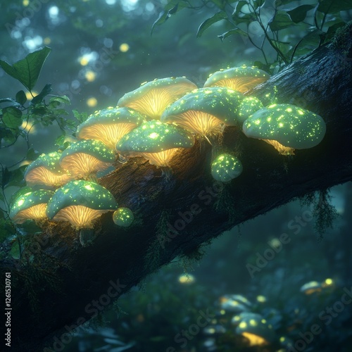 Enchanting Glowing Fungi Sprouting on a Tree Branch in a Mystical Forest Under Moonlight, Captivating Natural Phenomenon Illuminated by Bioluminescence