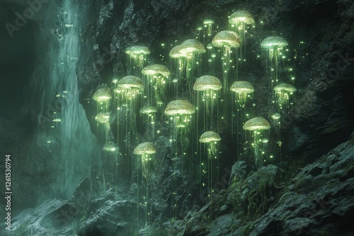 Enchanting Glowing Fungi Adorning Rocky Cave Wall in a Mystical Setting