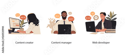 Illustration of professionals working as a content creator, content manager, and web developer. Represents digital work, content management, and online development in a modern workplace.