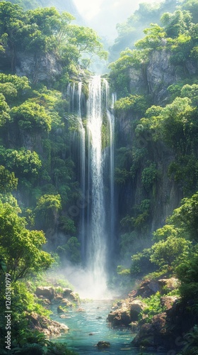 Serene Jungle Waterfall Oasis Hidden in Lush Tropical Vegetation Surrounded by Greenery