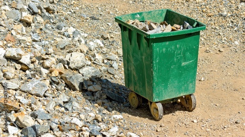 Green cart filled with rocks on a gravel site, surrounded by scattered stones under sunlight