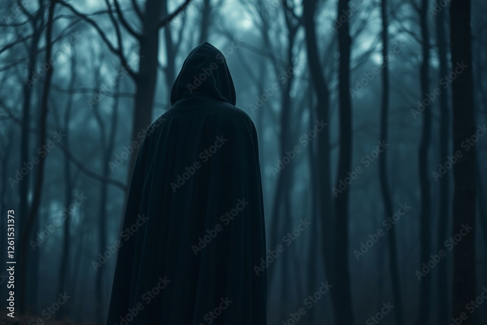 Silhouette hooded figure standing in a misty and mysterious dark forest Silhouette hooded figure standing in a misty and mysterious dark forest