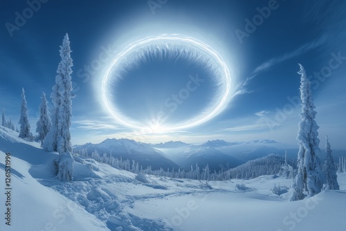 Enchanting Morning Sun Halo Illuminating Snowy Landscape in a Golden Glow Creating a Magical Winter Scene Perfect for Nature Lovers and Photographers