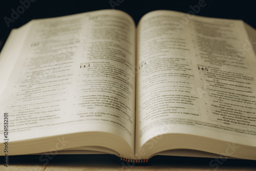 Open Holy Bible in English language on table, closeup photo