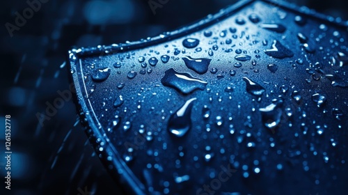Close-up of water droplets on a dark blue shield. Illustrates protection, security, or resilience in harsh conditions.