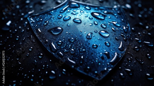 Close-up of water droplets on a blue shield shape. Illustrates protection, security, or water resistance concepts.