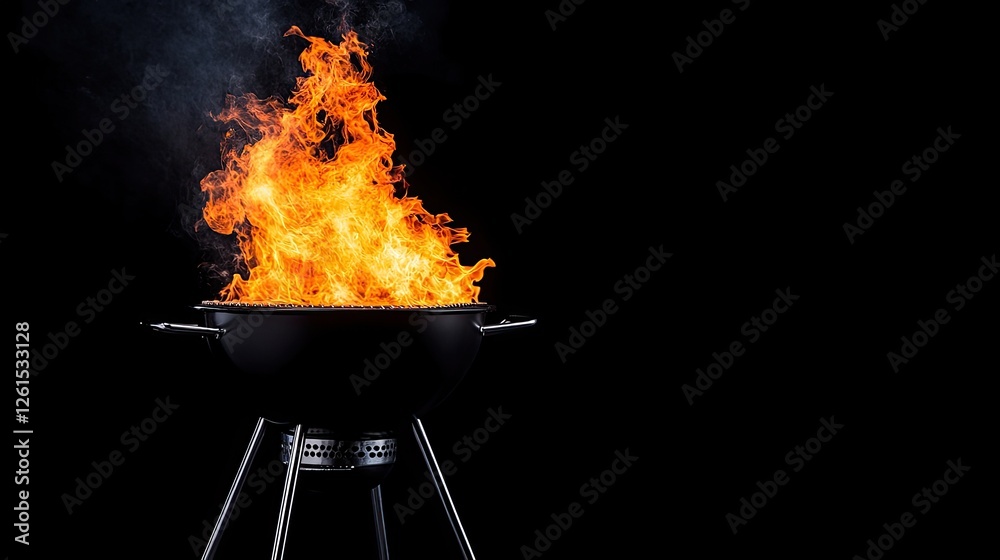Intense flames erupting from a black barbecue grill against a dark background, creating a dramatic scene Intense flames erupting from a black barbecue grill against a dark background, creating a dramatic scene
