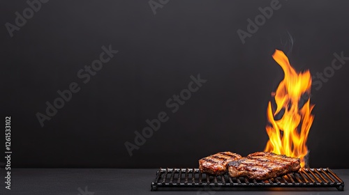 Grilled steaks sizzling on a black grill with flames, showcasing a dynamic cooking scene