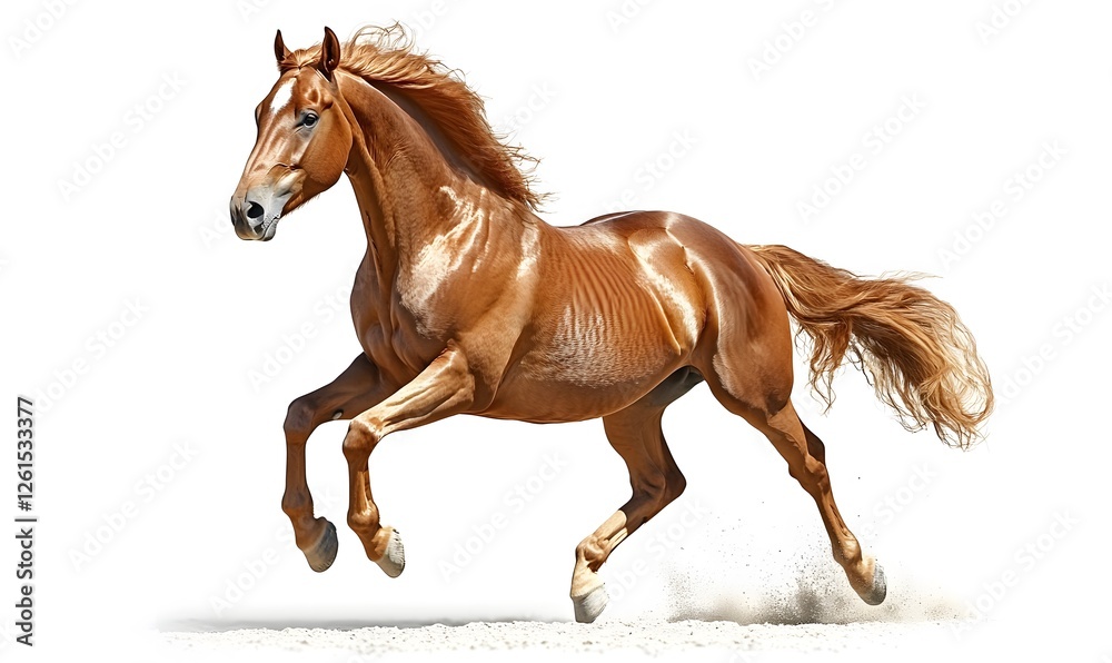 Obraz premium Chestnut Horse Galloping Dynamically Across White Background