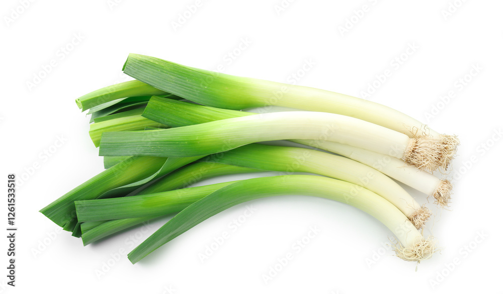 Fresh raw green leeks isolated on white, top view Fresh raw green leeks isolated on white, top view