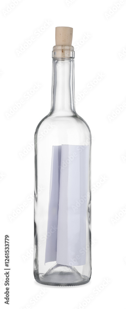 Corked glass bottle with rolled letter isolated on white Corked glass bottle with rolled letter isolated on white