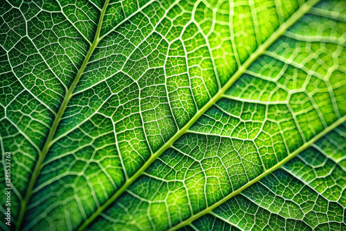 Close-up vibrant green leaf vein detail, sunlit, nature background, botanical texture photo