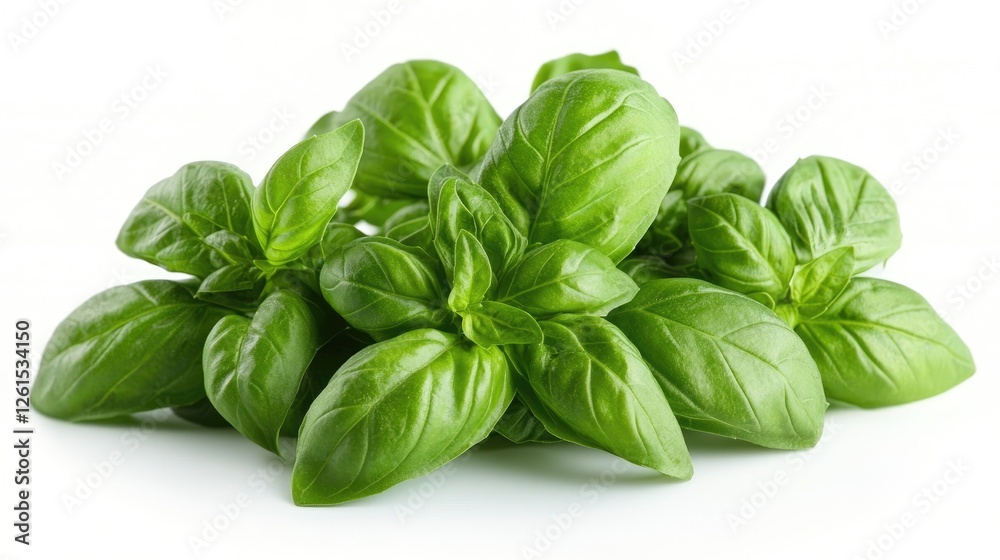 Fresh basil leaves arranged artistically on a white background, ideal for culinary use Fresh basil leaves arranged artistically on a white background, ideal for culinary use
