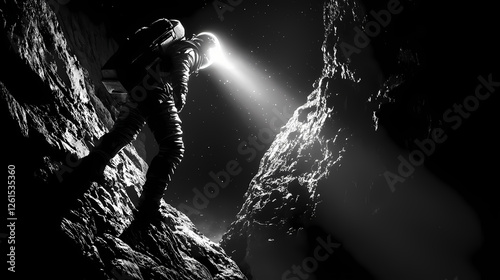 Robot explores dark cavern on asteroid with bright searchlight in deep space. Lunar Caverns. Illustration