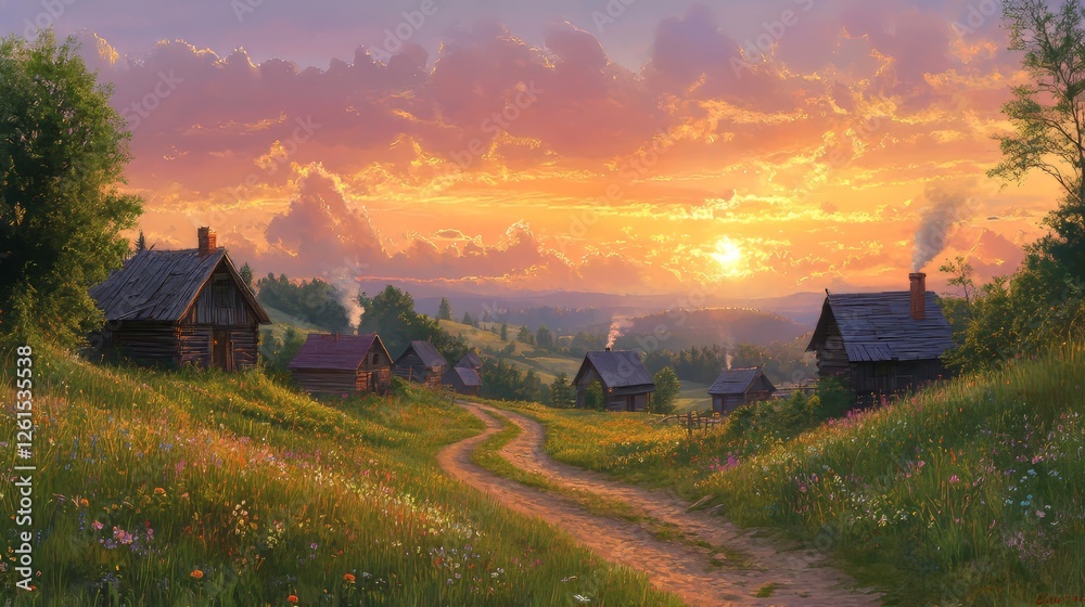 A picturesque sunset over a serene village with rustic wooden cottages. A picturesque sunset over a serene village with rustic wooden cottages.