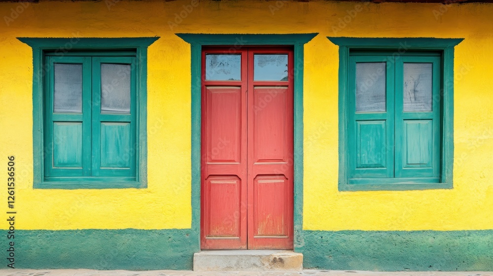 A vibrant yellow wall featuring a red door and green windows, showcasing colorful architecture. A vibrant yellow wall featuring a red door and green windows, showcasing colorful architecture.