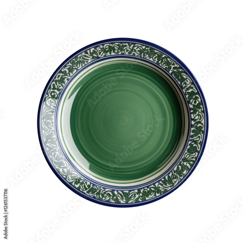 Ceramic plate with green center and intricate vine around edge
