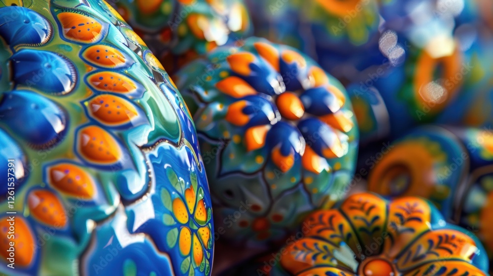 Fototapeta premium Colorful Talavera Pottery Close-Up with Intricate Floral Designs