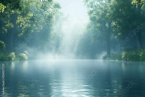 Tranquil forest scene with mist rising over a serene lake surrounded by lush greenery