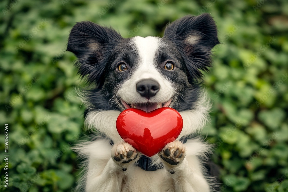 Border collie - my treasured dog, symbol of friendship. Commercial companion idea picture. Cute border collie pup with diamond red heart on a walk in a spring garden. Cute puppy with red rose. Border collie - my treasured dog, symbol of friendship. Commercial companion idea picture. Cute border collie pup with diamond red heart on a walk in a spring garden. Cute puppy with red rose.