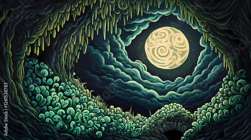 Glowing worms adorn cave walls, a gentle lunar light, darkness deepened by wispy clouds, and a palette of greens and blues, imbuing the scene with ancient, mystical calm. Lunar Caverns. Illustration