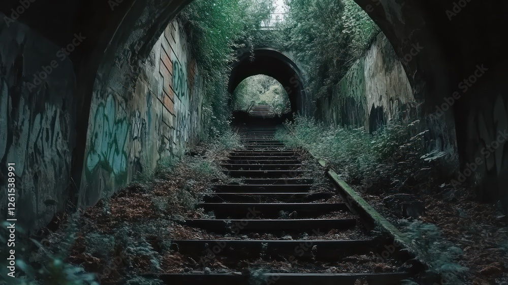 Fototapeta premium A view of overgrown stairs leading to a dark tunnel, surrounded by graffiti and foliage.