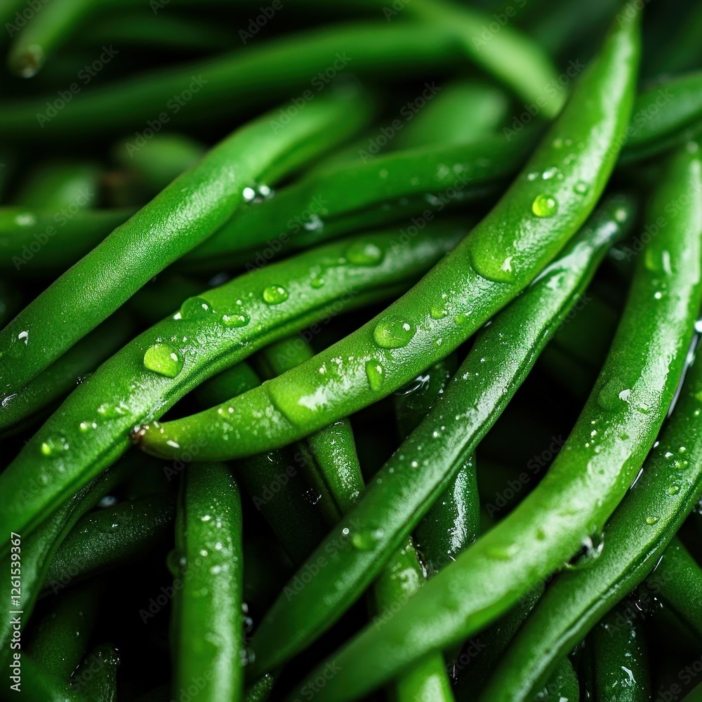 green beans, fresh and gleaming in their natural color with a sprinkle of water droplets green beans, fresh and gleaming in their natural color with a sprinkle of water droplets