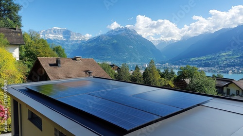 Solar panels installation with scenic mountain landscape view in Switzerland photo