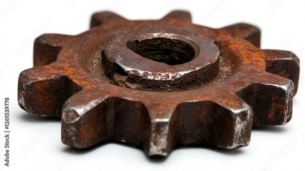 Close Up Single Rusty Metal Gear With Chipped Edges on White Background Close Up Single Rusty Metal Gear With Chipped Edges on White Background
