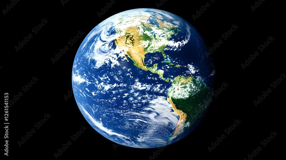 Stunning view of Earth from space, showcasing North and South America, detailed clouds, and oceans against a black background. A beautiful depiction of our planet. Stunning view of Earth from space, showcasing North and South America, detailed clouds, and oceans against a black background. A beautiful depiction of our planet.